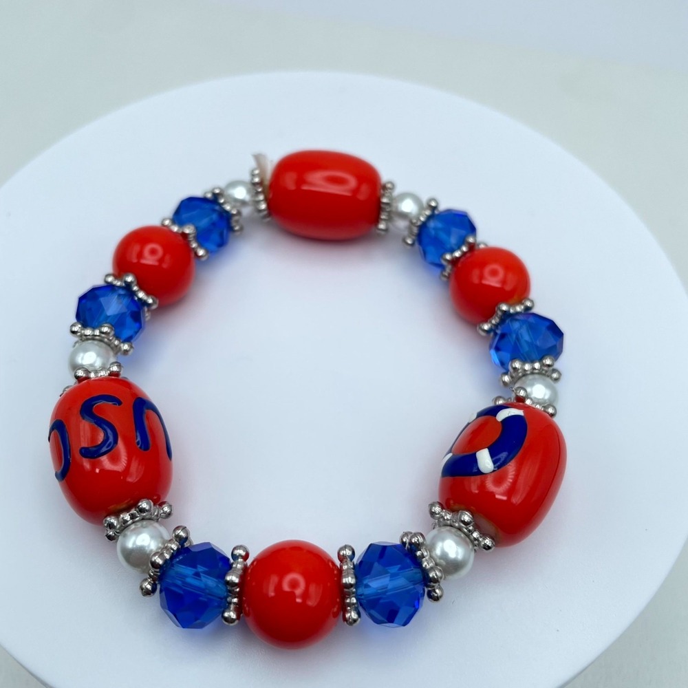 Souvenir Silver-Tone US Coast Guard Red Blue Faceted Glass Bead Stretch Bracelet